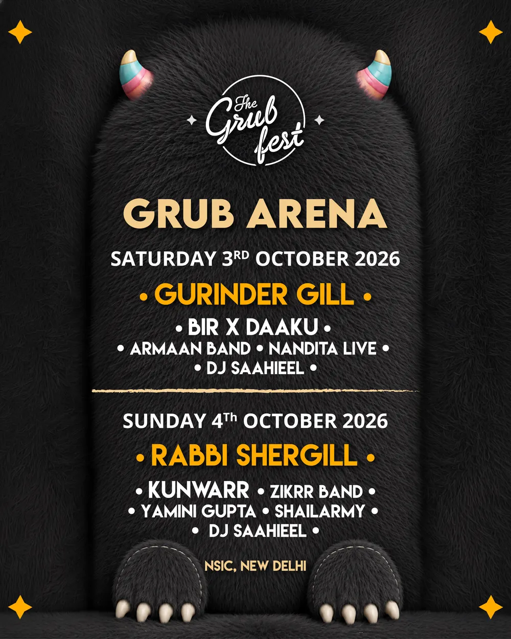 The Legacy Edit poster: Grub Arena, Saturday 3 October — Gurinder Gill, Bir × Daaku, Armaan Band, Nandita Live, DJ Saahieel; Sunday 4 October — Rabbi Shergill, Kunwarr, Zikrr Band, Yamini Gupta, Shailarmy, DJ Saahieel. NSIC, New Delhi.