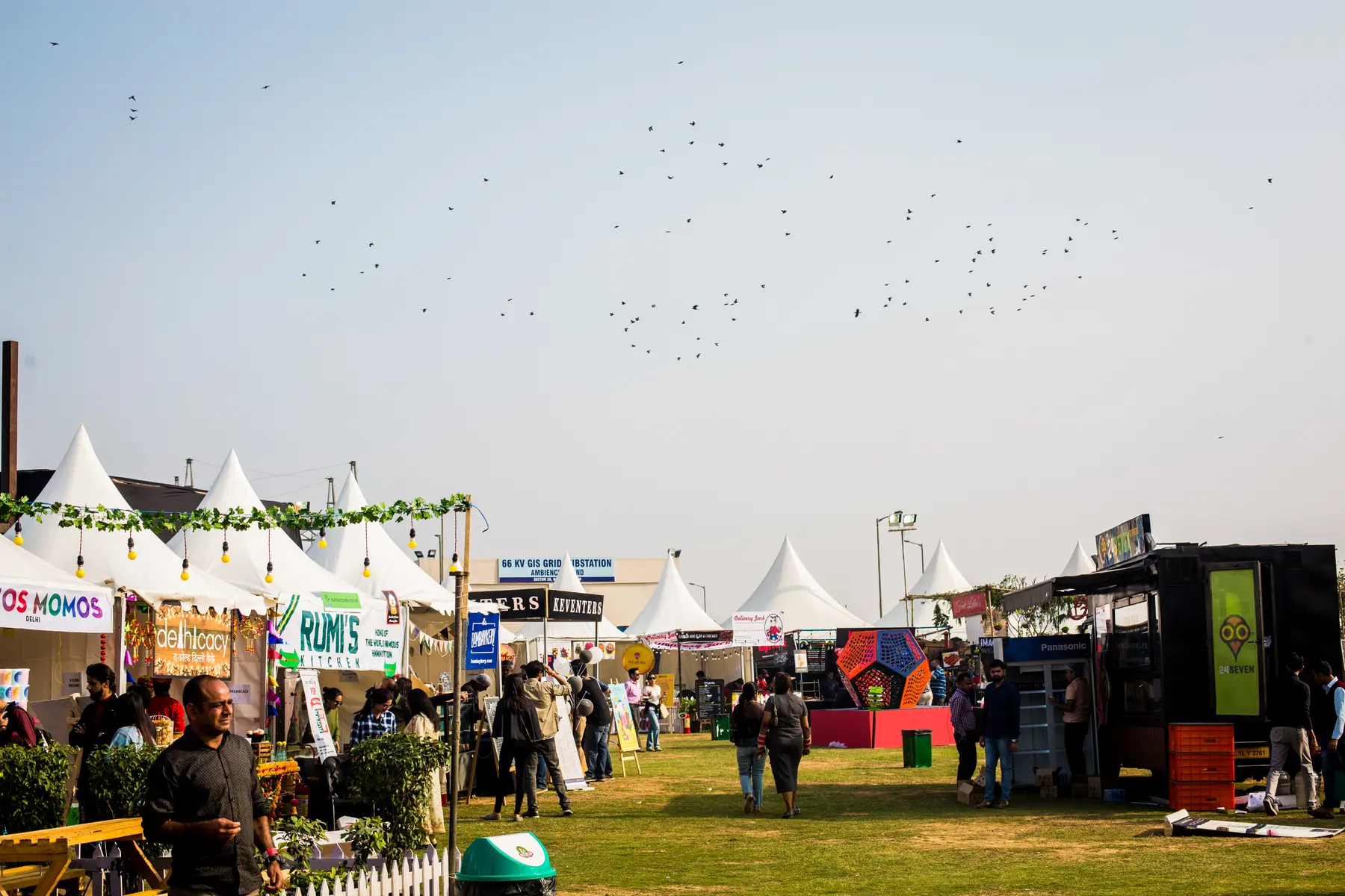 Stalls and canopies along a lawn in daylight